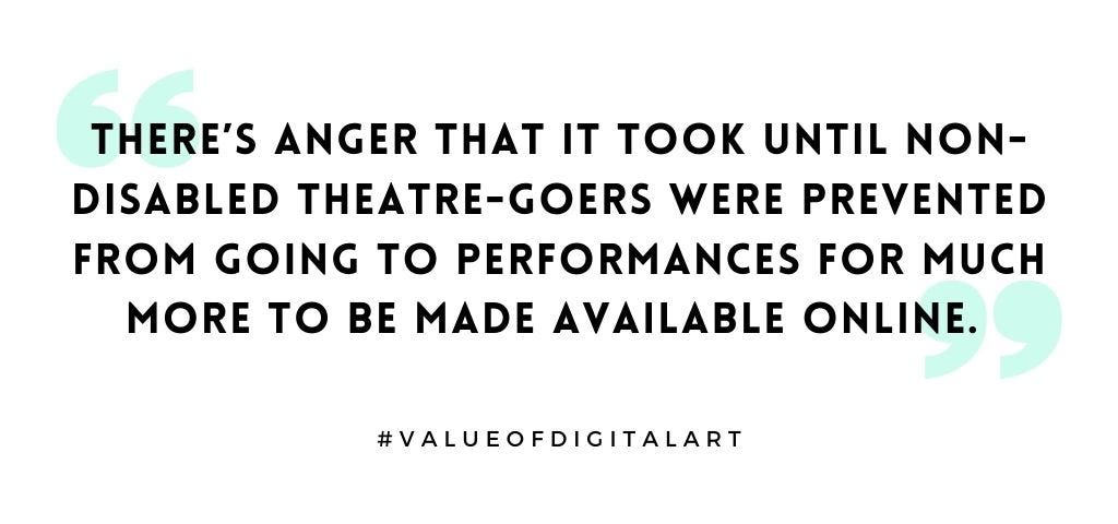 Quote of sentence within article ‘There’s anger that it took until non-disabled theatre-goers were prevented…’