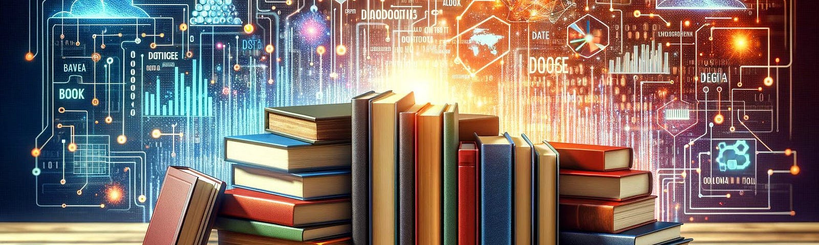 colorful graphic of books with a data science inspired background
