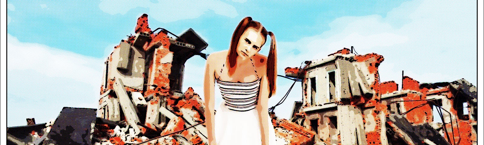 Woman with baseball bat stands in front of demolished house