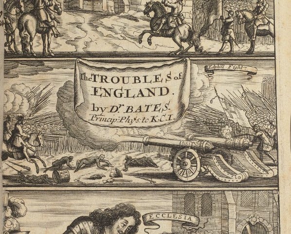 Illustrated title page for a short historical account of ‘The Rise and Progress of the Late Troubles in England’. The document has three panels, one showing the siege of Summoning Hull, one showing the battle of Edgehill and another where a figure representing the church cries and bows to King Charles I.