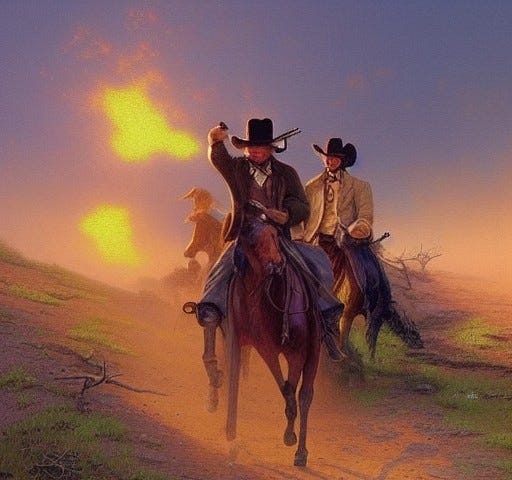 Cowboys riding toward you, and muzzle flash from firing off their pistols.