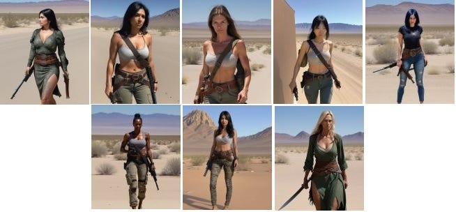 Eight photos of eight warrior women in tattered clothes, carrying weapons, walking in the Mojave Desert.
