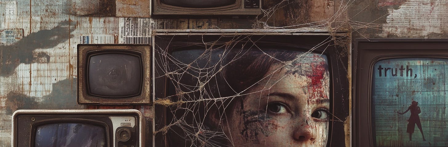 An illustration of old TVs covered in cobwebs with a bloodied image of a woman's face and war on some of the screens.