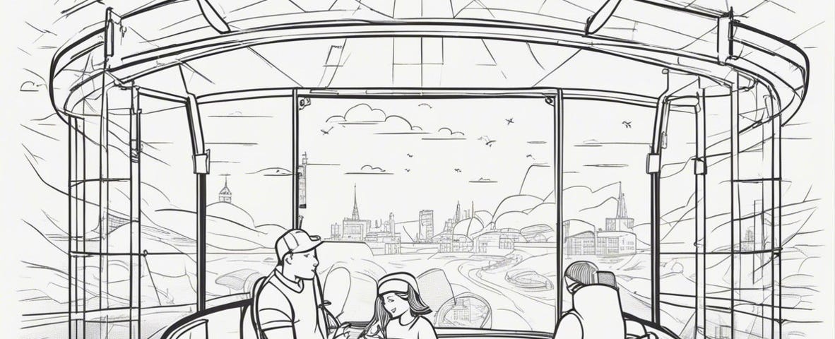 A small girl and her dad are sitting inside of a passenger cabin of a ferris wheel. They are high in the sky and having a good time. Line art