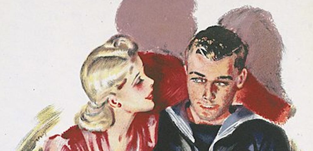 Graphic art from 1940. A glamorous woman leans seductively towards the young sailor in uniform sitting next to her.