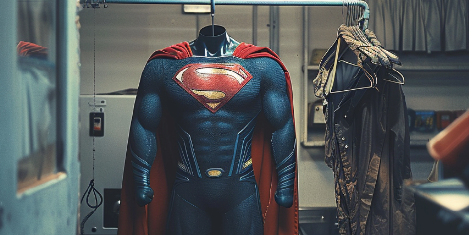 A superman costume hanging up at the dry-cleaners.