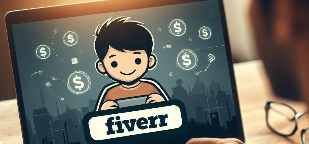 A laptop screen with the word “fiverr” on it and a male cartoon character.