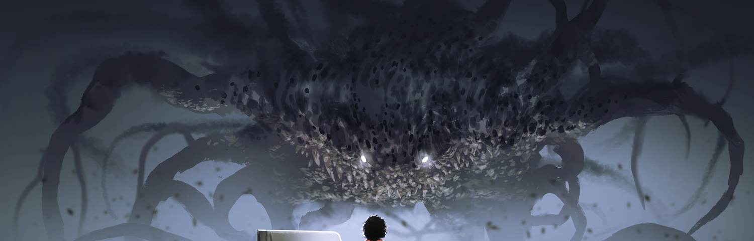 Image: A child sitting on a bed in a vast, misty space, facing a huge, thonry spider-like monster.