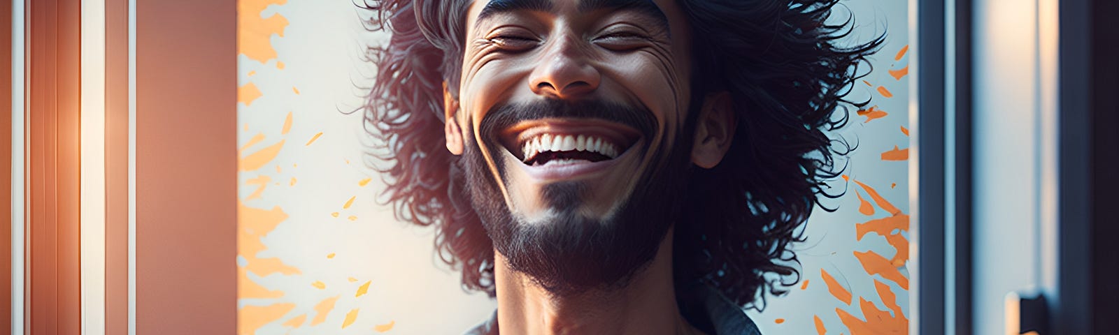AI-generated image of a smiling man radiating energy, calm, and joy