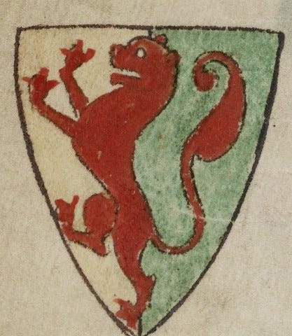 hand drawn coat of arms red lion on yellow and green shield