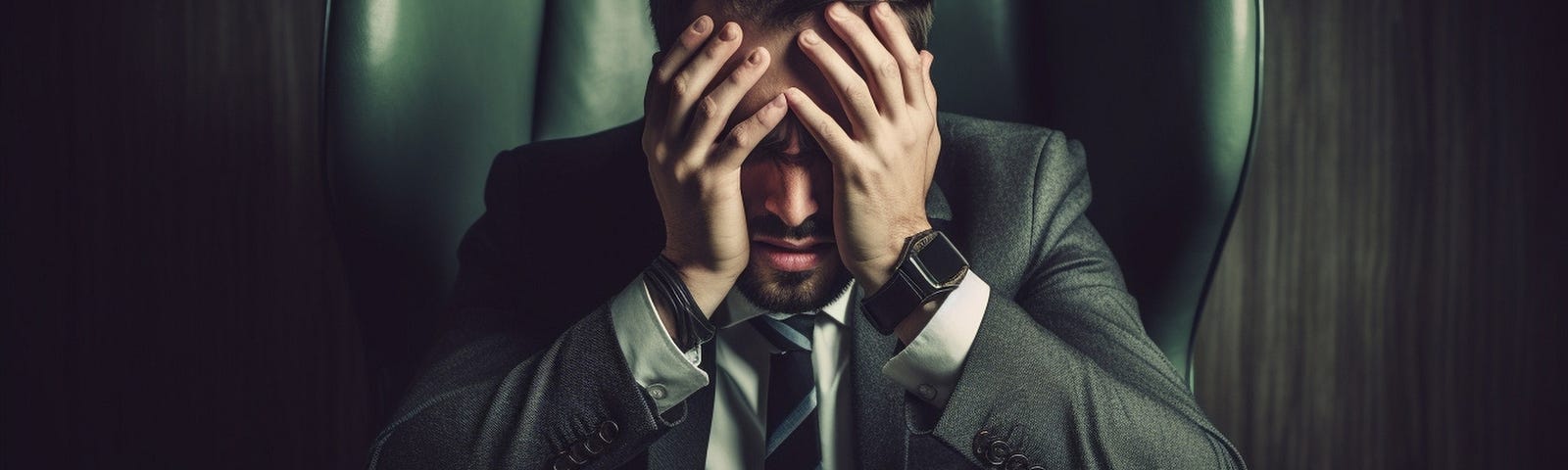 Young businessman under stress fatigue and headache he kept his hands in front of his head