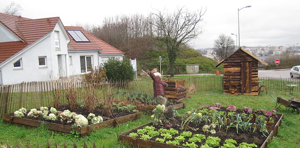 Typical potager (French intensive gardening) with its traditional scarecrow in the French countryside, Author Arnaud 25, This file is licensed under the Creative Commons Attribution-Share Alike 3.0 Unported license. File:Jardin potager 001.JPG — Wikimedia Commons