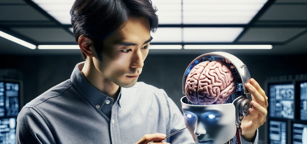 DALL-E 3 image of an Asian man inspecting the brain of a robot.