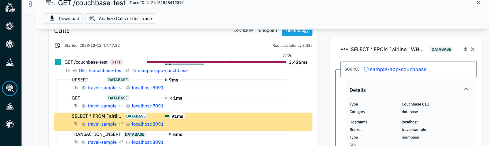 The tracing and span details on the Instana dashboard