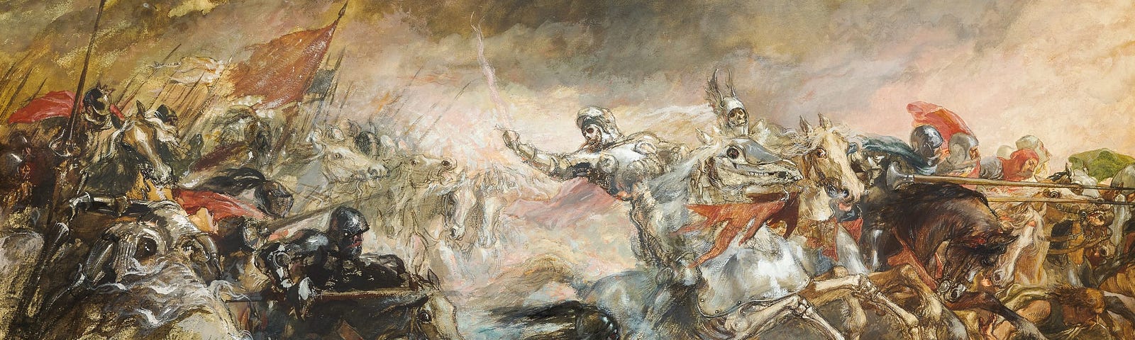 Warriors on horseback in the mayhem of battle.