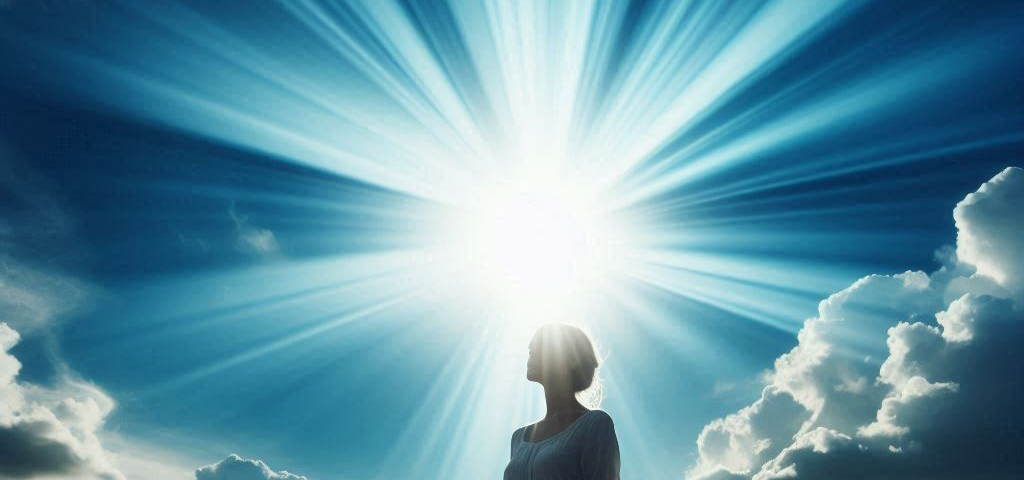 A woman standing under the sun trying to align with her higher self