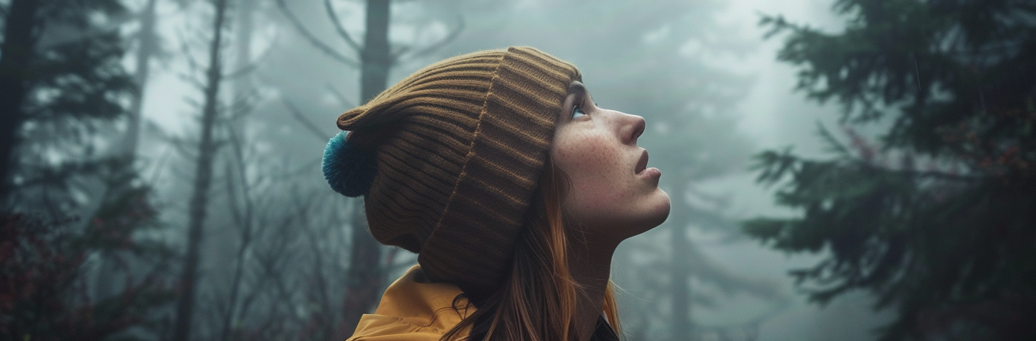 photo of a woman looking up in a dense fog in a forest