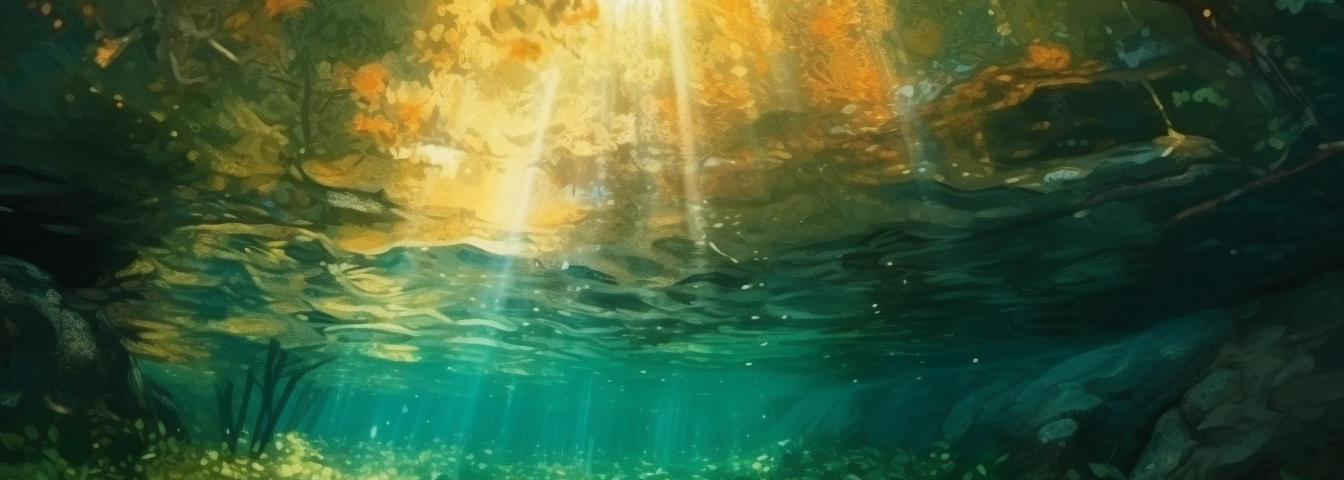 Sun shining down underwater in a river.