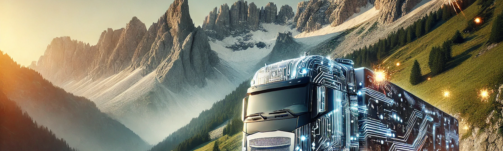 ChatGPT generated panoramic image of an electric European heavy freight truck covered in circuitry and sparks in the Italian Alps