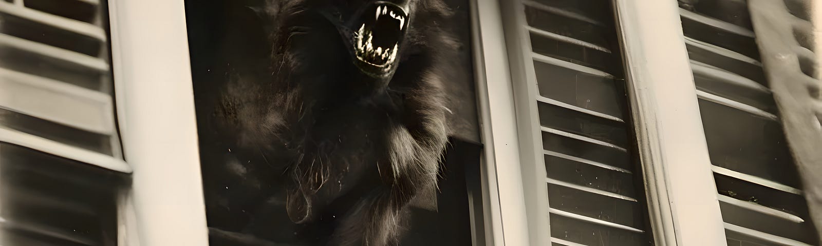A werewolf snarling and angry crashes through a window.