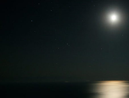 image: night picture of moon reflected on the ocean surface.