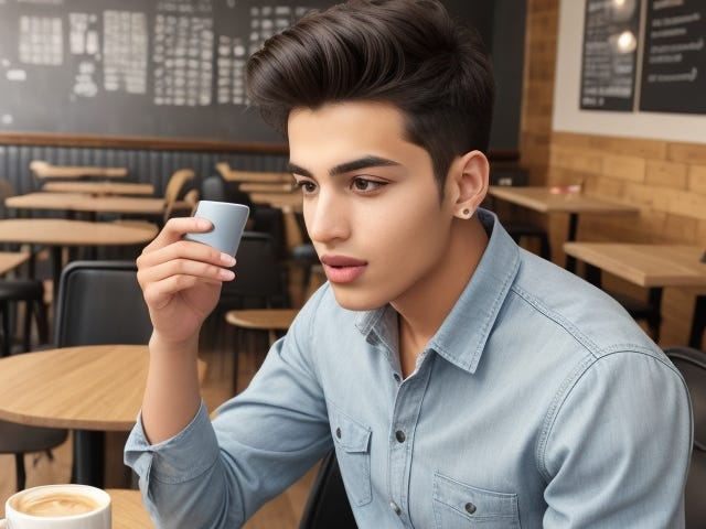 Young man sitting in a cafe with a phone.