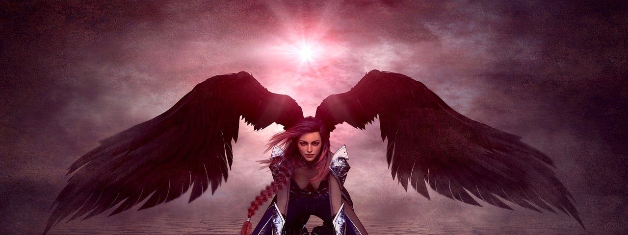 A beautiful dark angel, on her knees, with her black wings spread.
