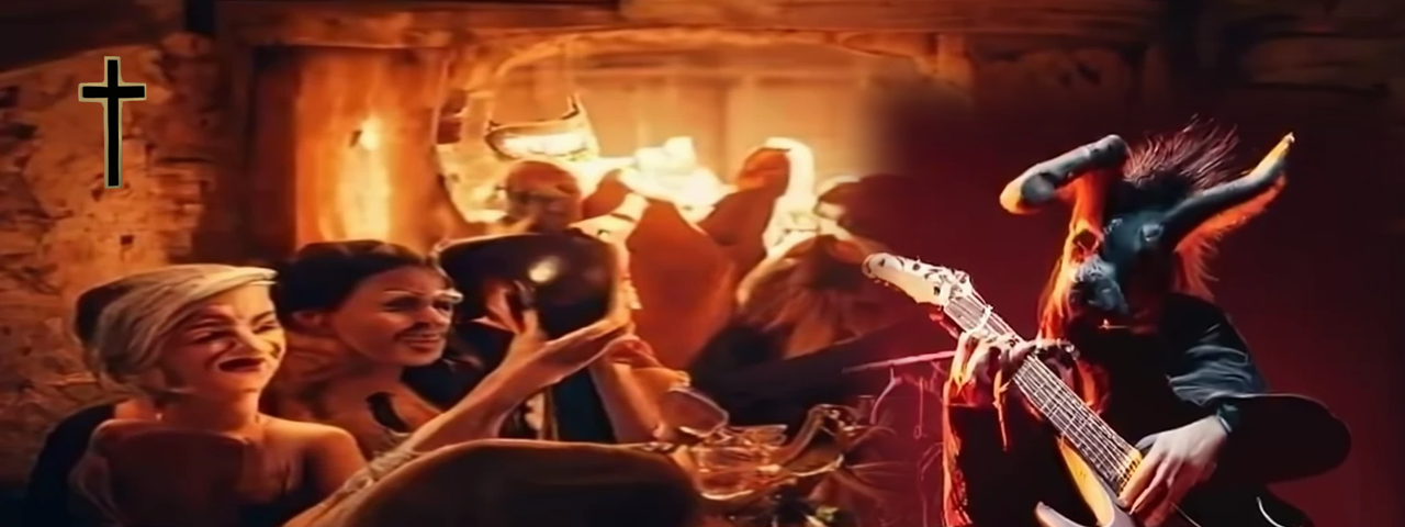 A donkey-like figure playing an electric guitar in a crowded room full of weirdly distorted faces. With drinks on the table and a fireplace in the background, the room looks like the common room of an ancient tavern.