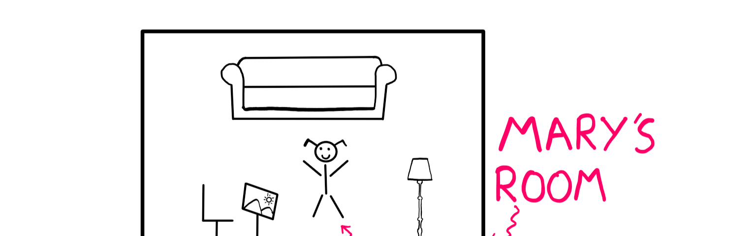 Mary’s Room: How To Really Make Sense Of Knowledge? — A white-board style graphic illustration showing a black and white room with a couch, chair, lamp and computer screen inside it. Also inside this room is a happy stick figure. Pink signs label the room as Mary’s room and the stick figure as Mary.