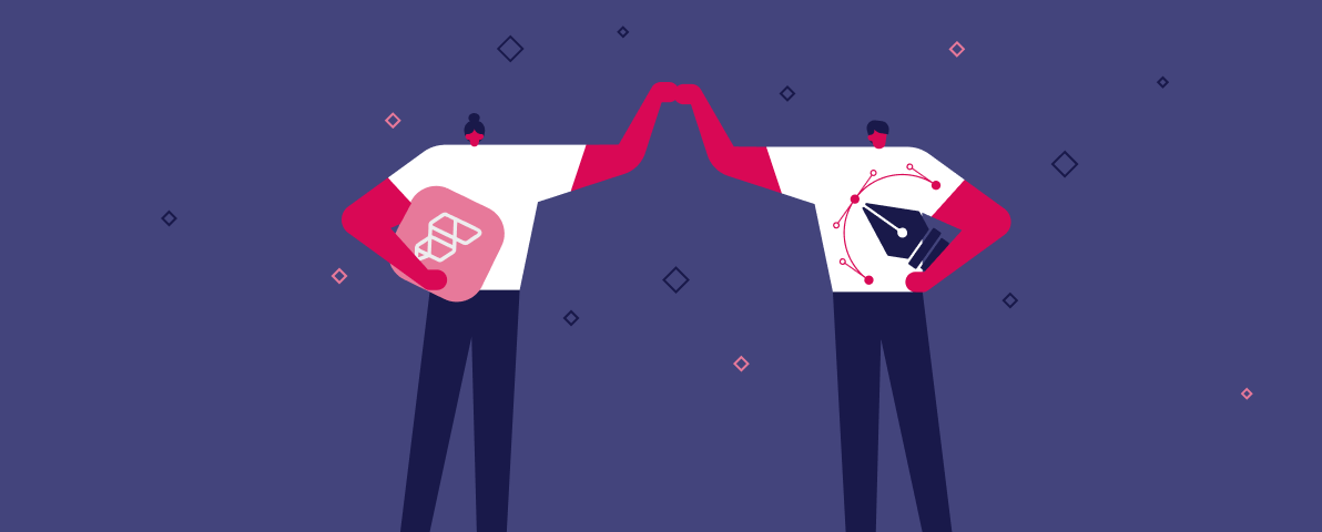 Corporate illustration of two people giving each other a high five. One is carrying a symbolic logo of FlutterFlow. The other one a stylised “pen tool”