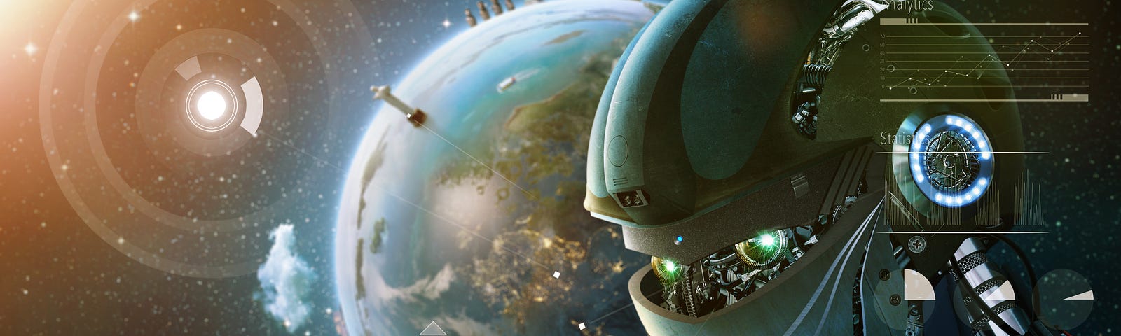 a stylish robot outlined against the planet earth in space