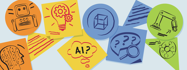 A series of sticky notes with technology symbols including a think bubble with question marks, a magnifying glass, two settings gears inside of a lightbulb, the word “AI”, and a computer.