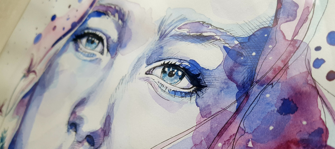 A watercolor image of a woman’s face