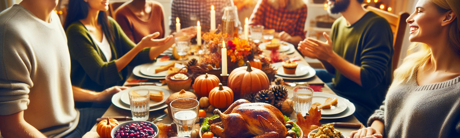 A festive Thanksgiving dinner table with an array of traditional dishes like turkey, stuffing, cranberry sauce, and pumpkin pie, featuring a diverse group of people engaging in lively conversation. The setting is warm and inviting, with soft lighting and autumnal decorations, capturing a sense of family, unity, and celebration.