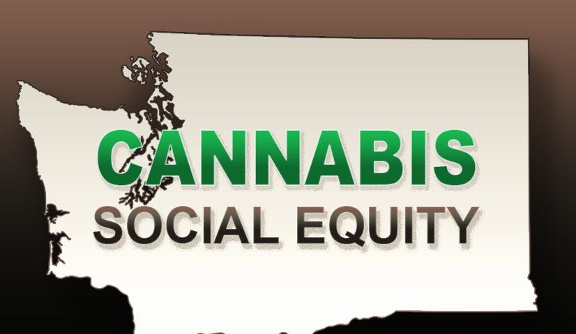 Cannabis social equity logo on an outline of Washington State