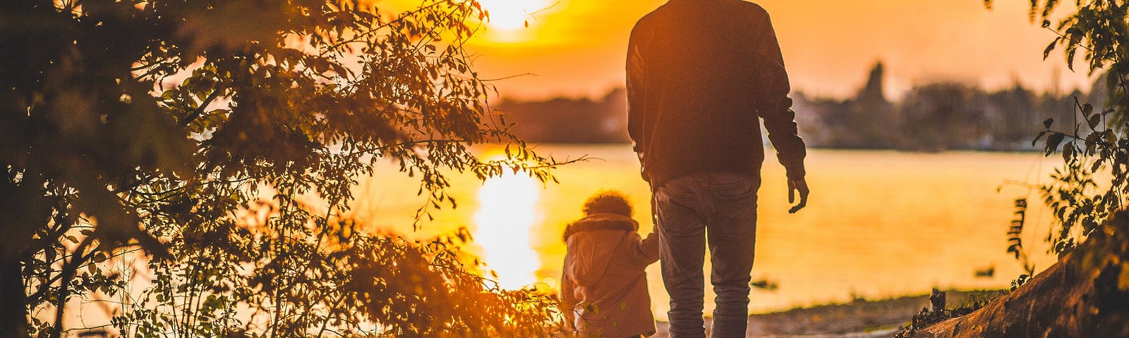 man, holding hand of little kid, walking into the sunset