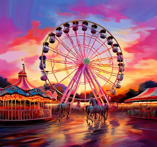 A Ferris wheel and two merry-go-rounds