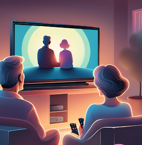 A Middle-aged couple watching TV.