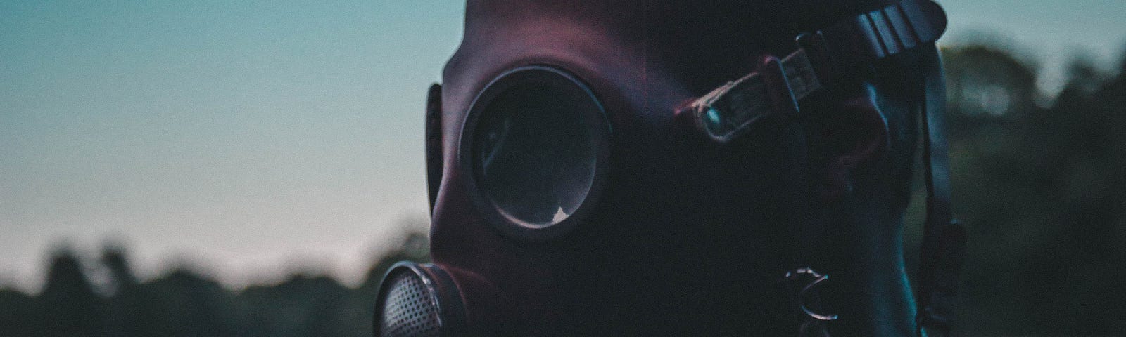 Man with gas mask in field.