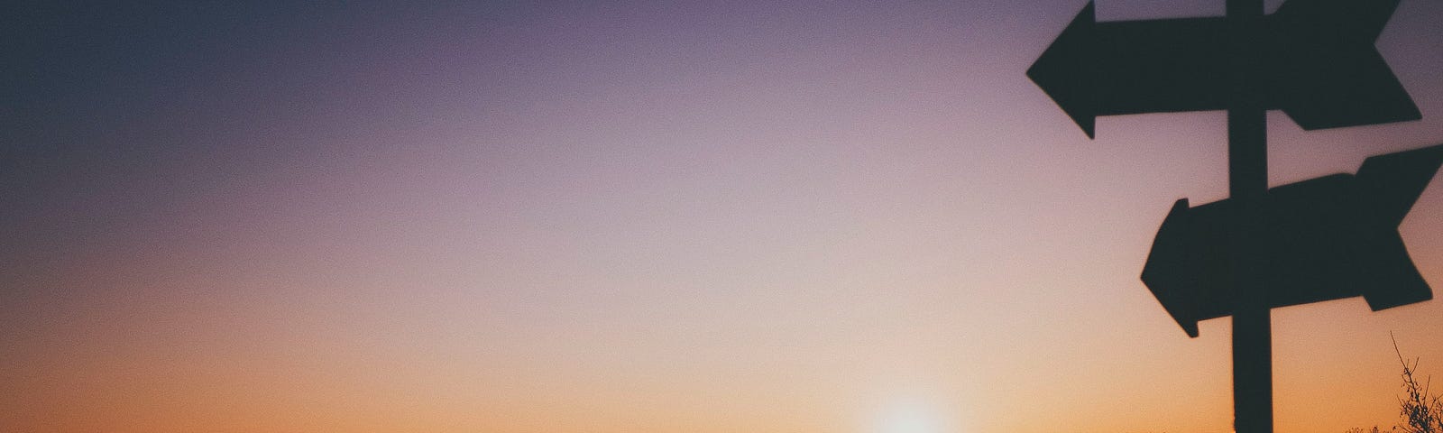 Silhouette of two signposts against a sunset