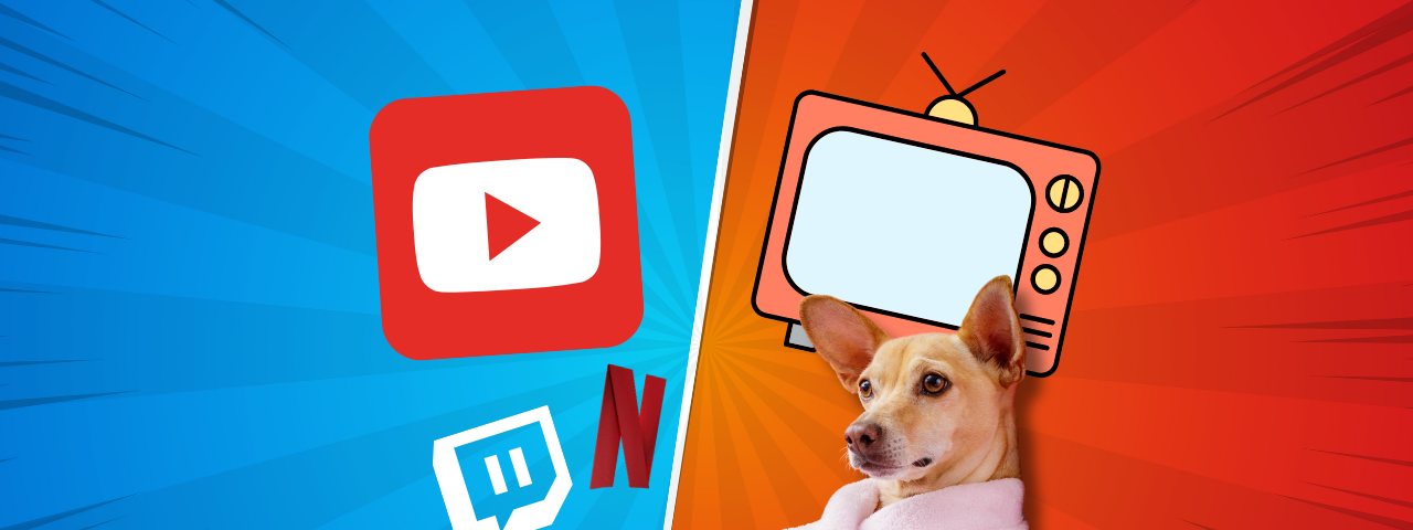 A dog holding a TV remote and eating popcorn. In the background are YouTube, Netflix and Twitch logos on the left and a TV on the right.