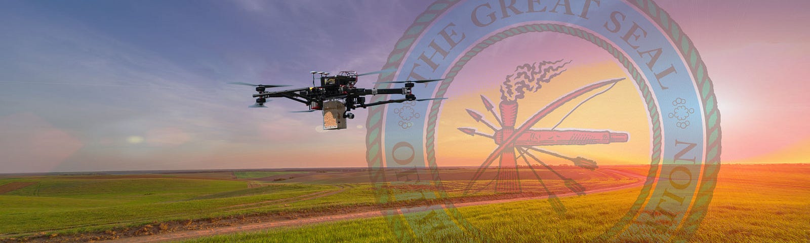 Drone over a farm with the Choctaw Nation of Oklahoma seal.