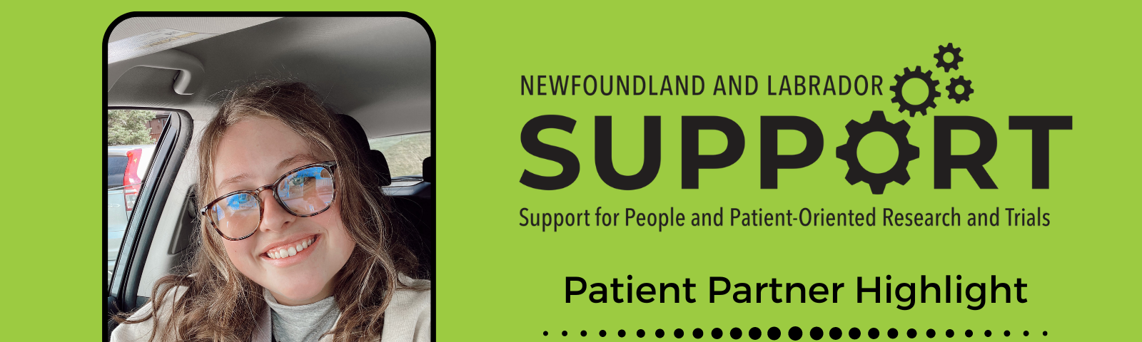Green graphic contains a photo of Lauren, with the text NL SUPPORT Patient Partner Highlight, Lauren Harris