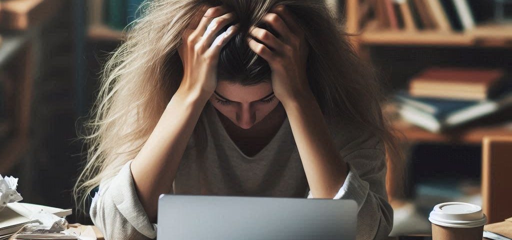 Image of a stressed woman with her head in her hands working at a laptop