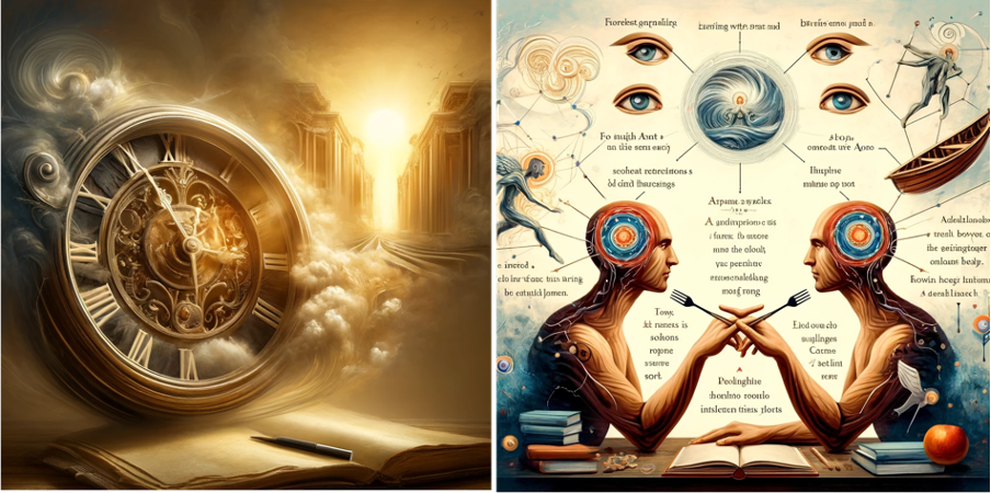 Figure 01: Image created by the Editor via DALL-E 3: The fusion of these images highlights the essence of the eternal dialogue between Alba and Anton: a stopped clock that evokes timeless moments and the timeless communication that intertwines their literary souls and immortalized memories.