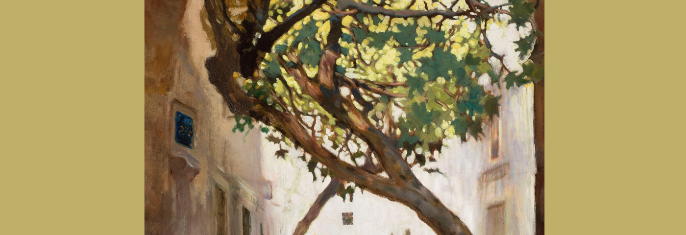 A painting of two trees intertwined across a white-washed avenue