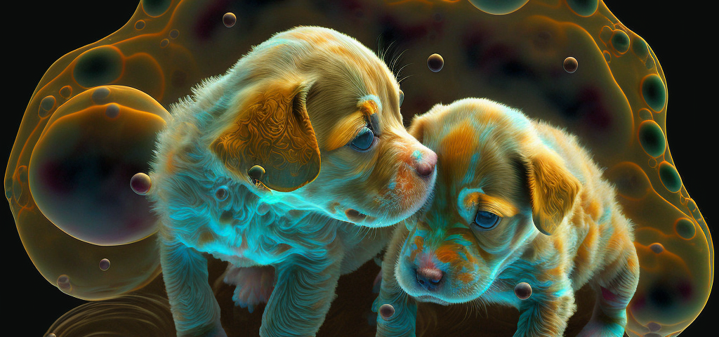 Two identical puppies, still very cute