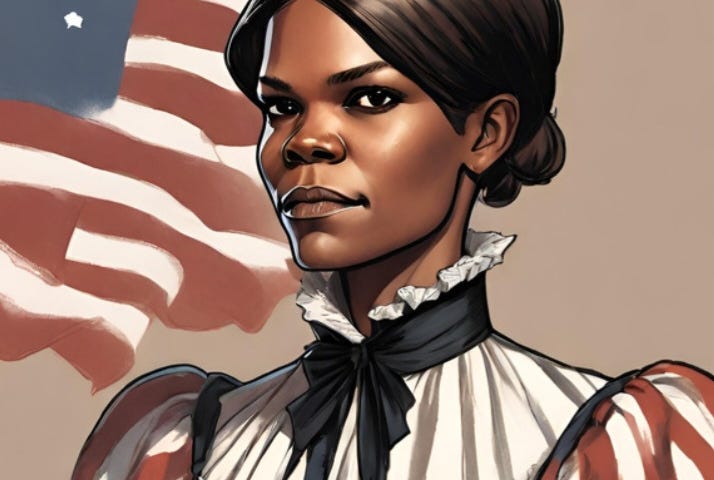 An AI portrait, in the style of character concept art, of Candace Owens. She’s wearing an old-fashioned, high collar dress with puff sleeves. The dress has the colours and stripes of the American flag and an American flag waves in the background behind her.