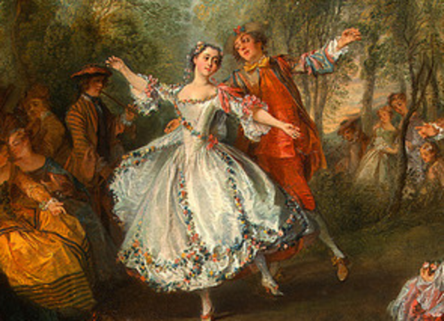 Renaissance painting of a ballerina in a white gown dancing with a man in red attire with spectators surrounding