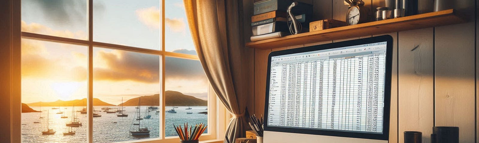 On a desk sits an open spreadsheet on a computer with a view over the sea